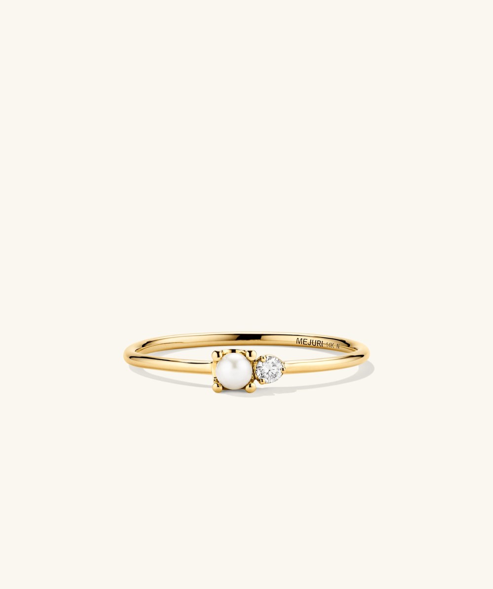 Mejuri Pearl and Diamond Stacker Ring - 14k Yellow Gold