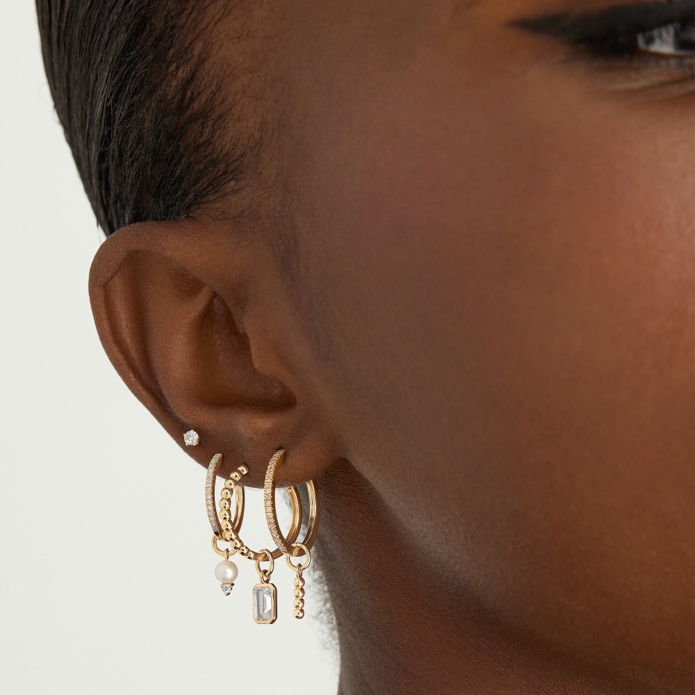 Mejuri Single Diamond and Pearl Hoop Charm - 14k Yellow Gold