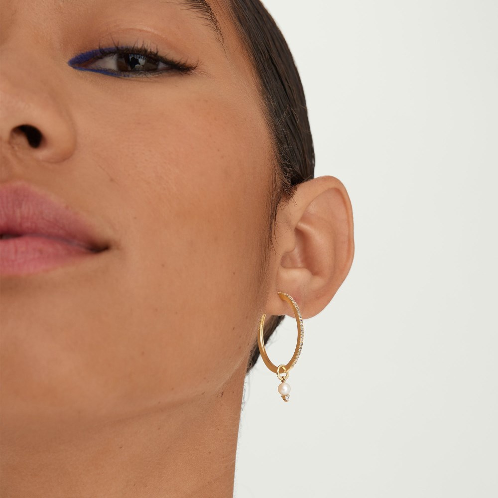 Mejuri Single Diamond and Pearl Hoop Charm - 14k Yellow Gold