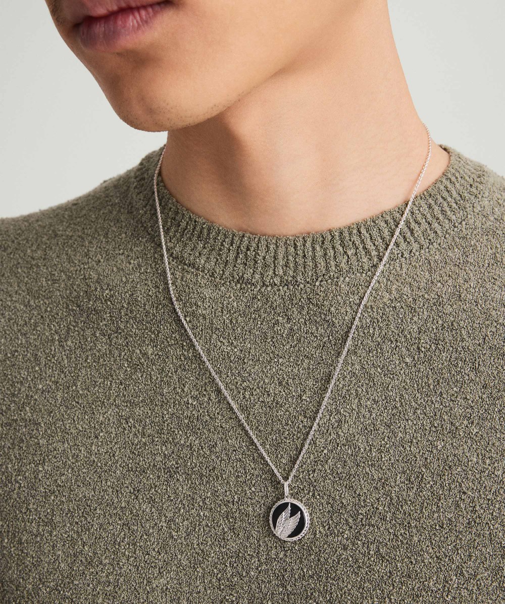 Mejuri Victory: Winged Coin Charm Pendant - Sterling Silver, Black Onyx