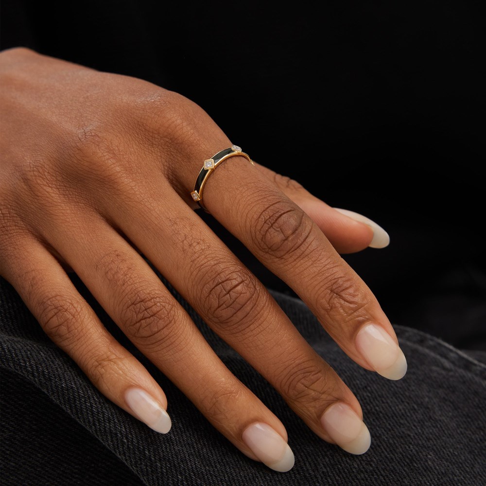 Mejuri Angled Diamond Station Enamel Ring - 14k Yellow Gold, Black Enamel