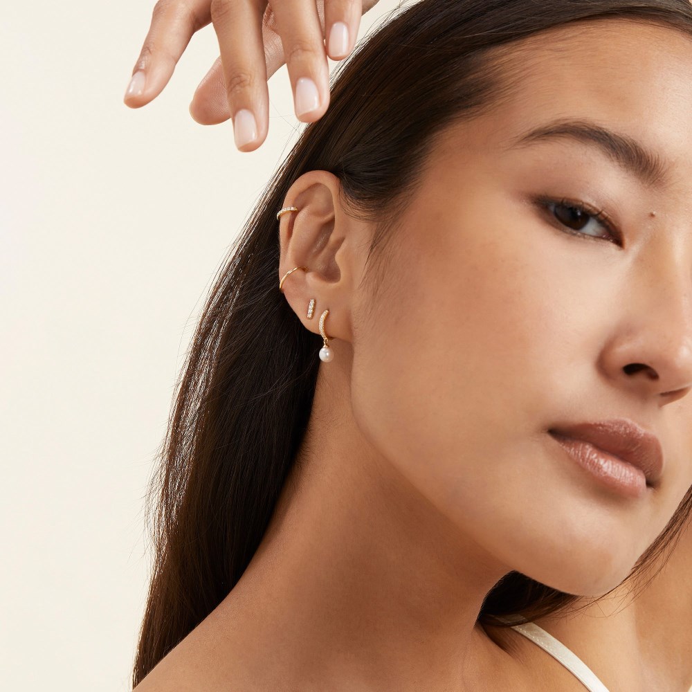 Mejuri Pavé Diamond Pearl Huggies - 14k Yellow Gold