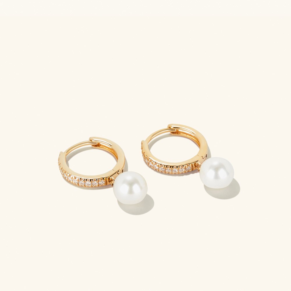 Mejuri Pavé Diamond Pearl Huggies - 14k Yellow Gold