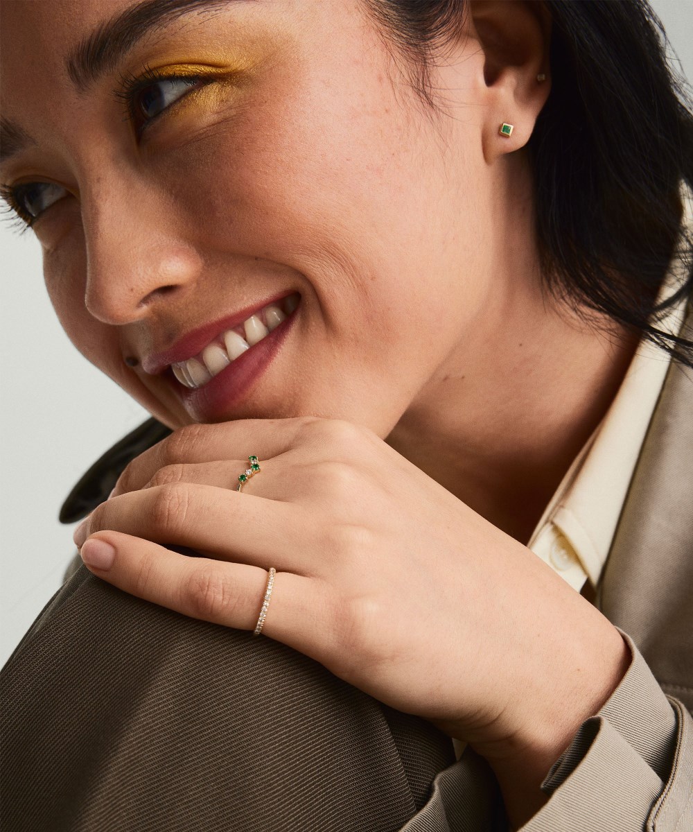 Mejuri Emerald and Diamond Wishbone Ring - 14k Yellow Gold